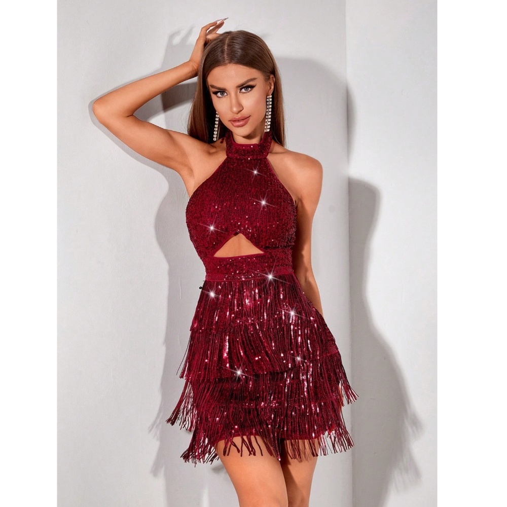 Burgundy Sequined Tassel Cut Out Mini Short Dress Halter Neck